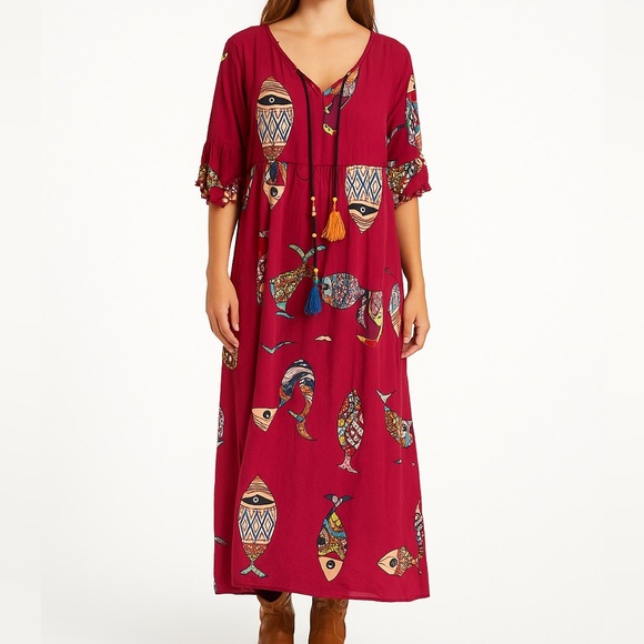Miss Dodo bohemian flowy fish Patterned maxi  Dress - Picture 1 of 7